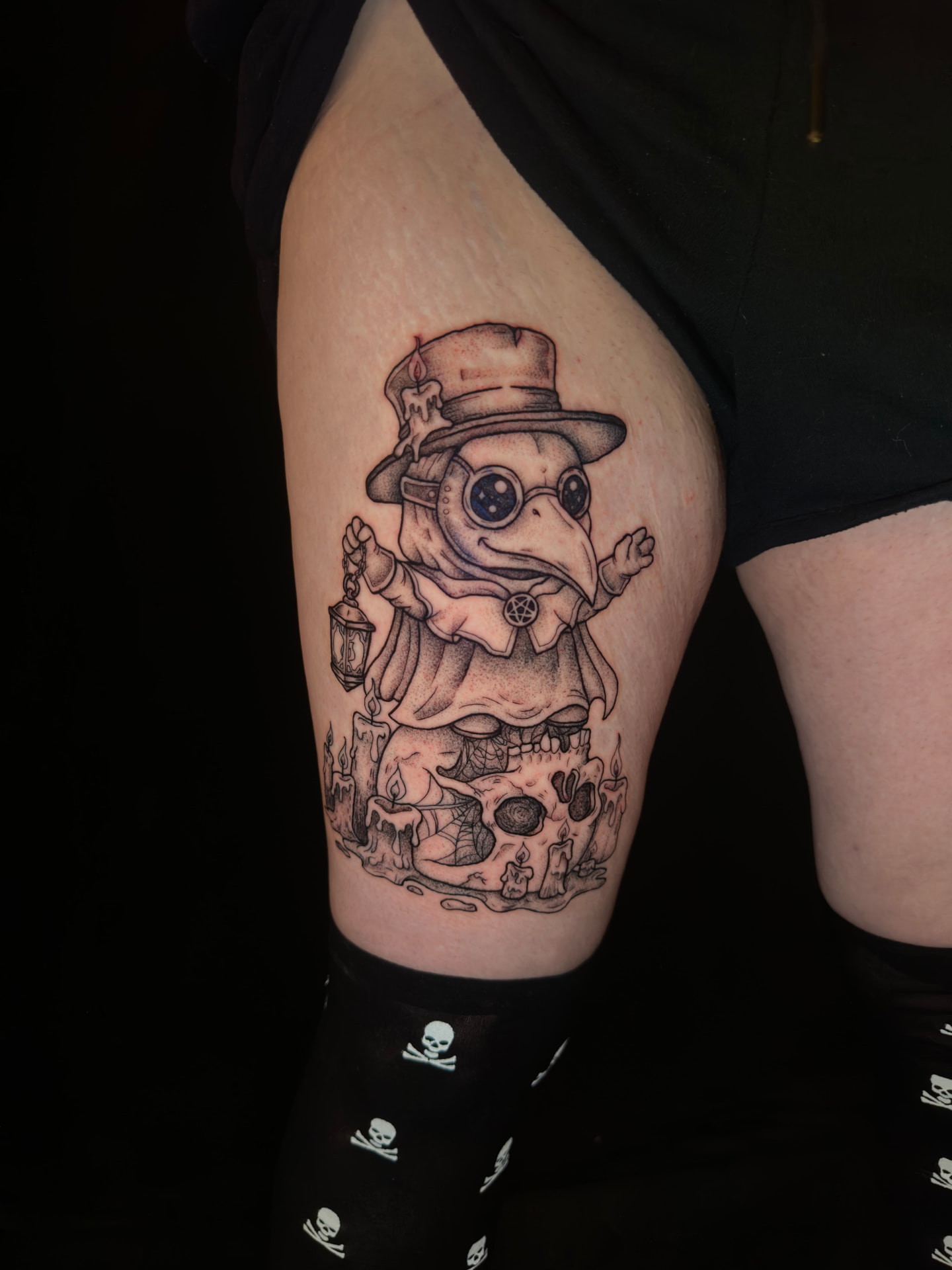 Plague doctor thigh tattoo