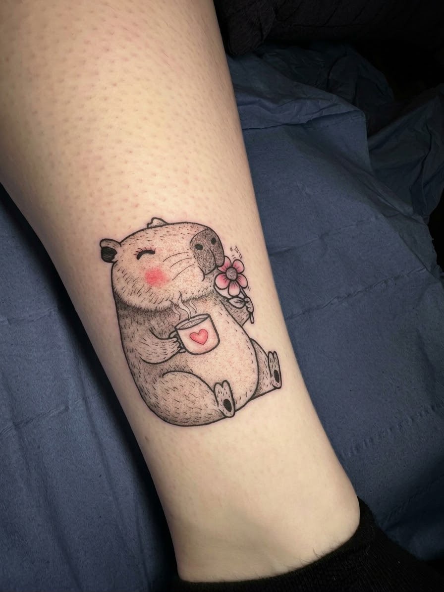 Capybara with flower fine line tattoo