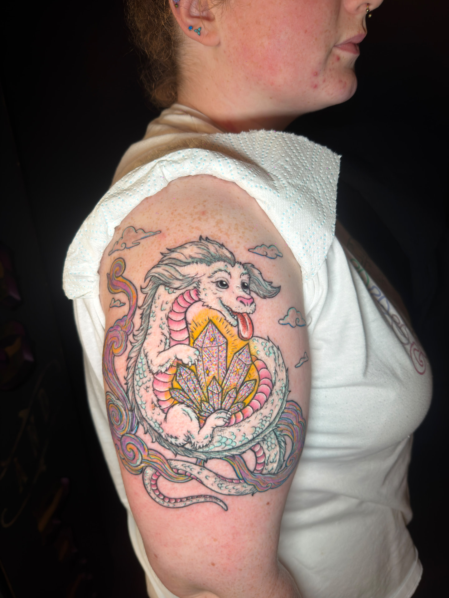 Colour dragon shoulder tattoo